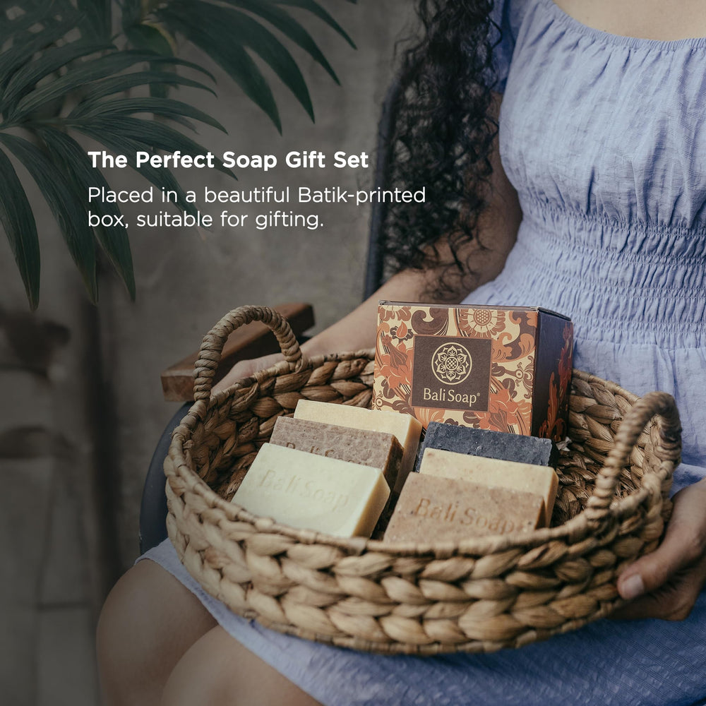 Bali Soap Tropical Paradise bars in a row, vibrant tropical packaging focus