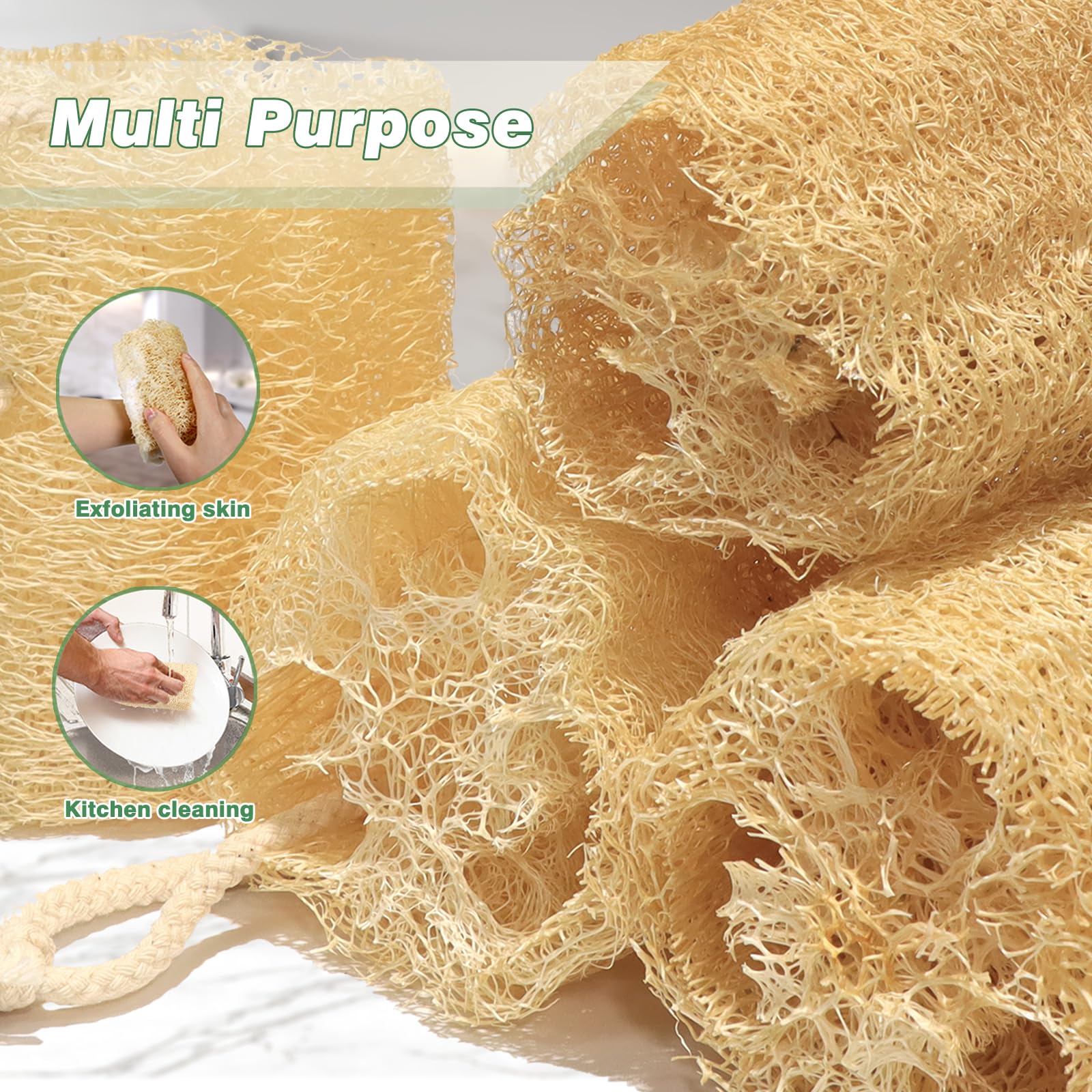 Balifeel loofah sponge hand-holding demonstrates easy grip during shower exfoliation.