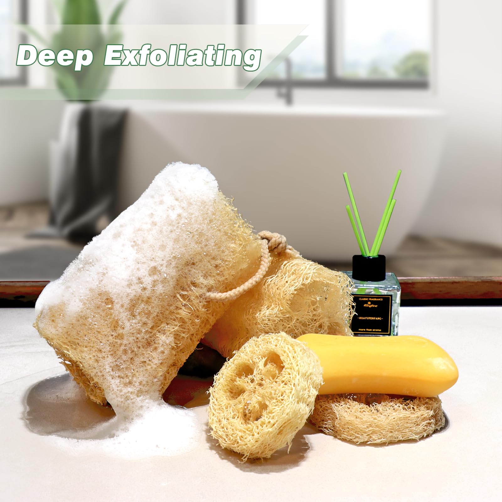 Balifeel loofah sponge with rich lather demonstrates effective soap or gel pampering.