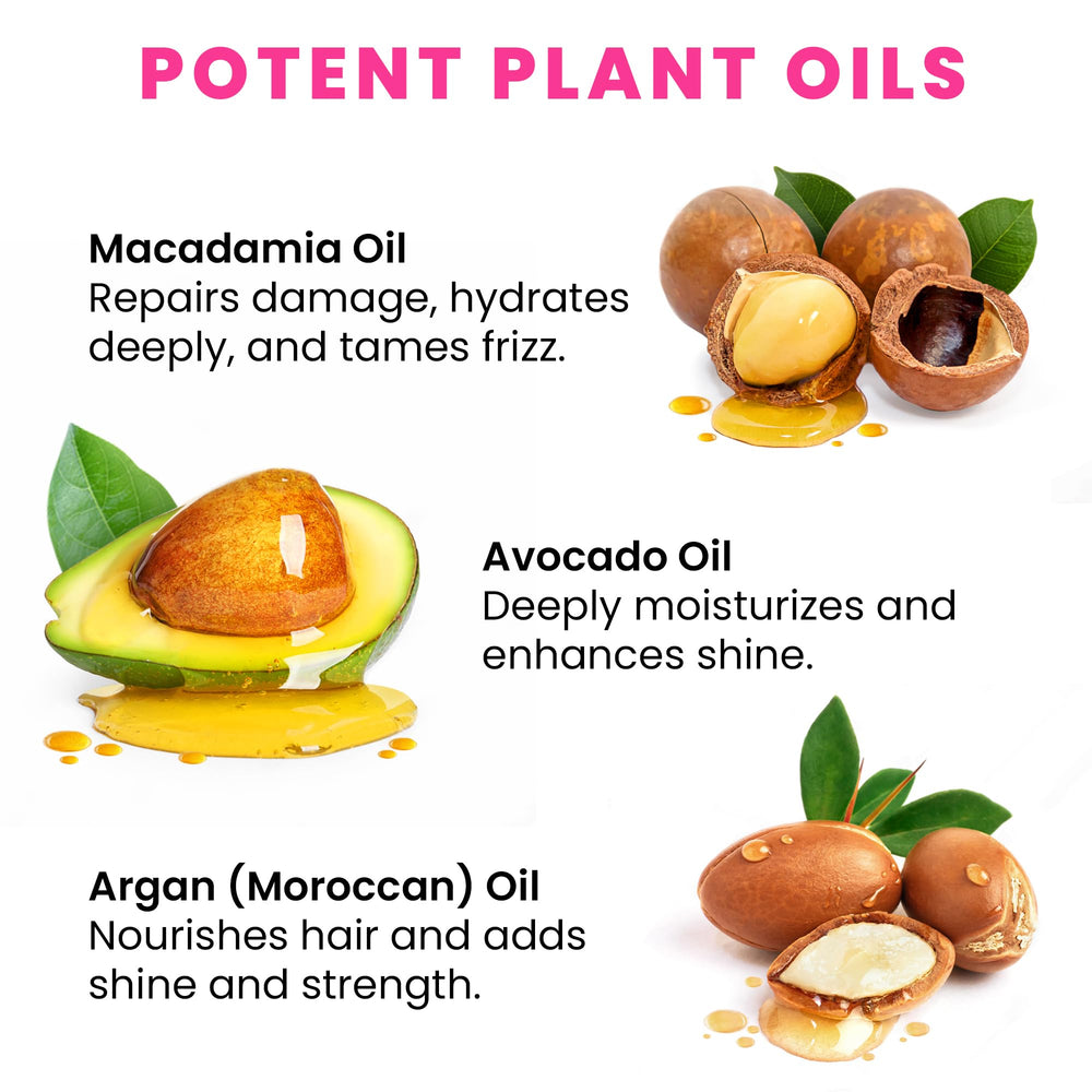 Bali Secret HUSSELL serum bottle with argan, macadamia, avocado oils for nourishment.
