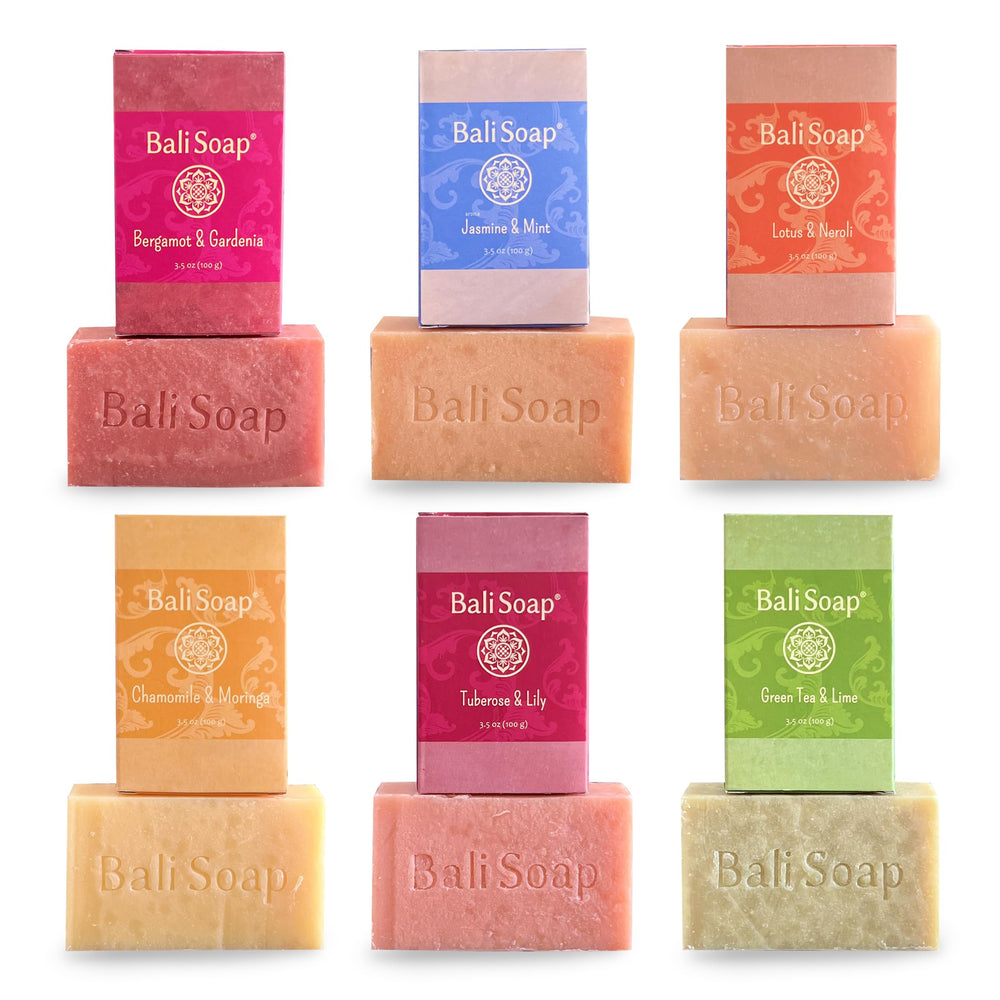 Bali Soap Feminine Collection bar closeup Frangipani, offering a relaxing floral cleanse.