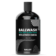 Ballsy Ballwash Charcoal bottle being poured for a deep-cleanse and refreshing scent