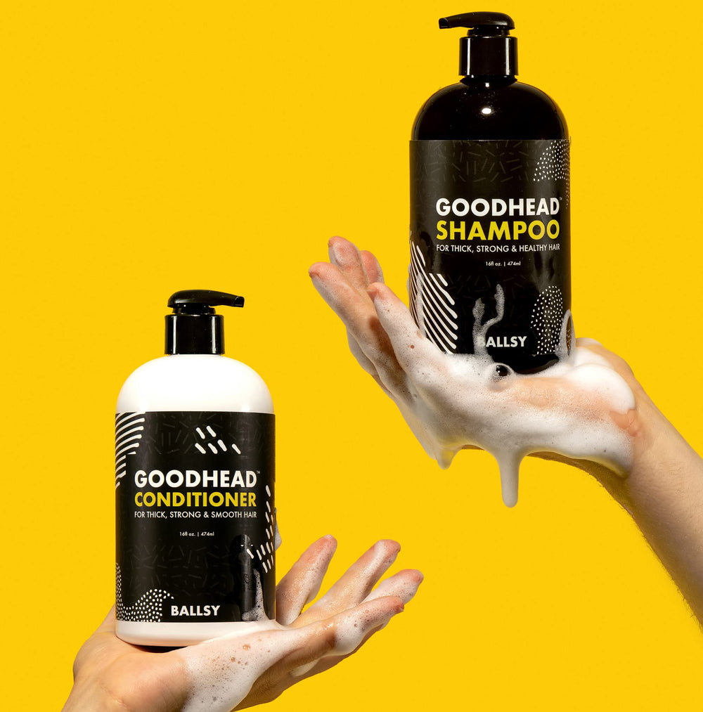 Ballsy Goodhead shampoo lather demonstrates clean, invigorated scalp.