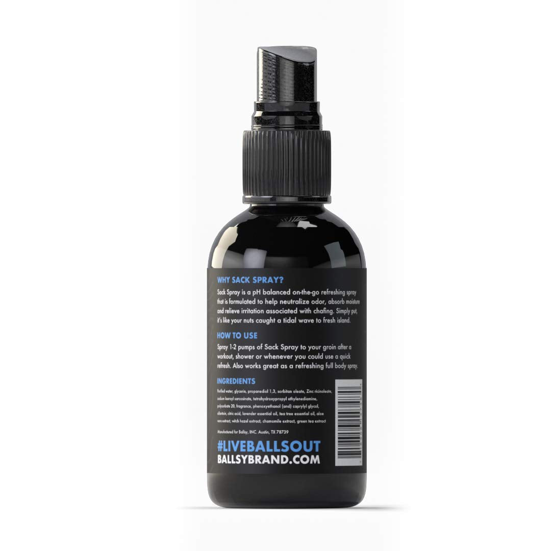 Ballsy spray with tea tree and aloe highlights cooling relief.