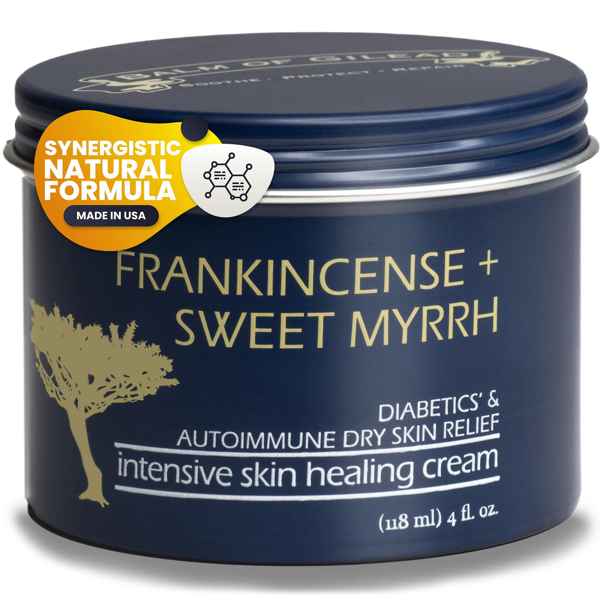 BALM OF GILEAD foot healing cream bottle showing frankincense for deeply nourished, soothed feet