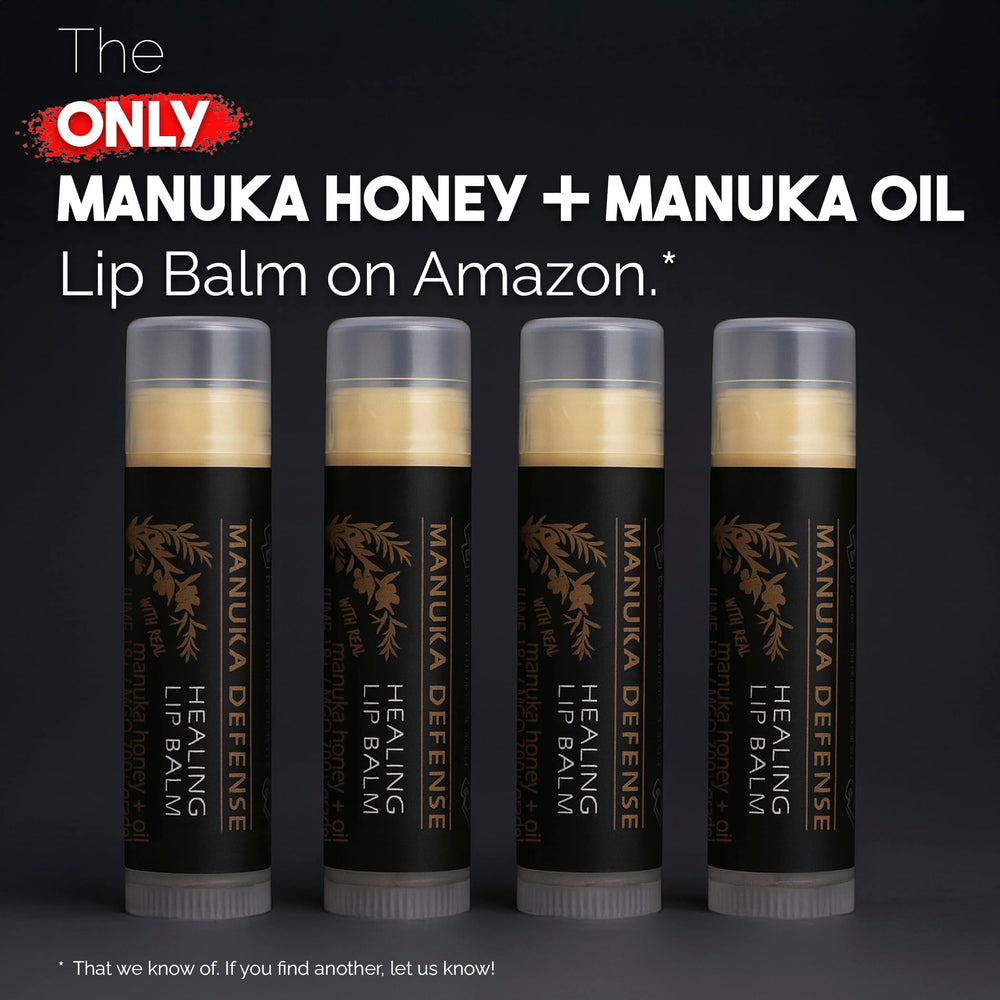BALM OF GILEAD Manuka Defense lip-application shot emphasizing smooth, non-greasy feel.