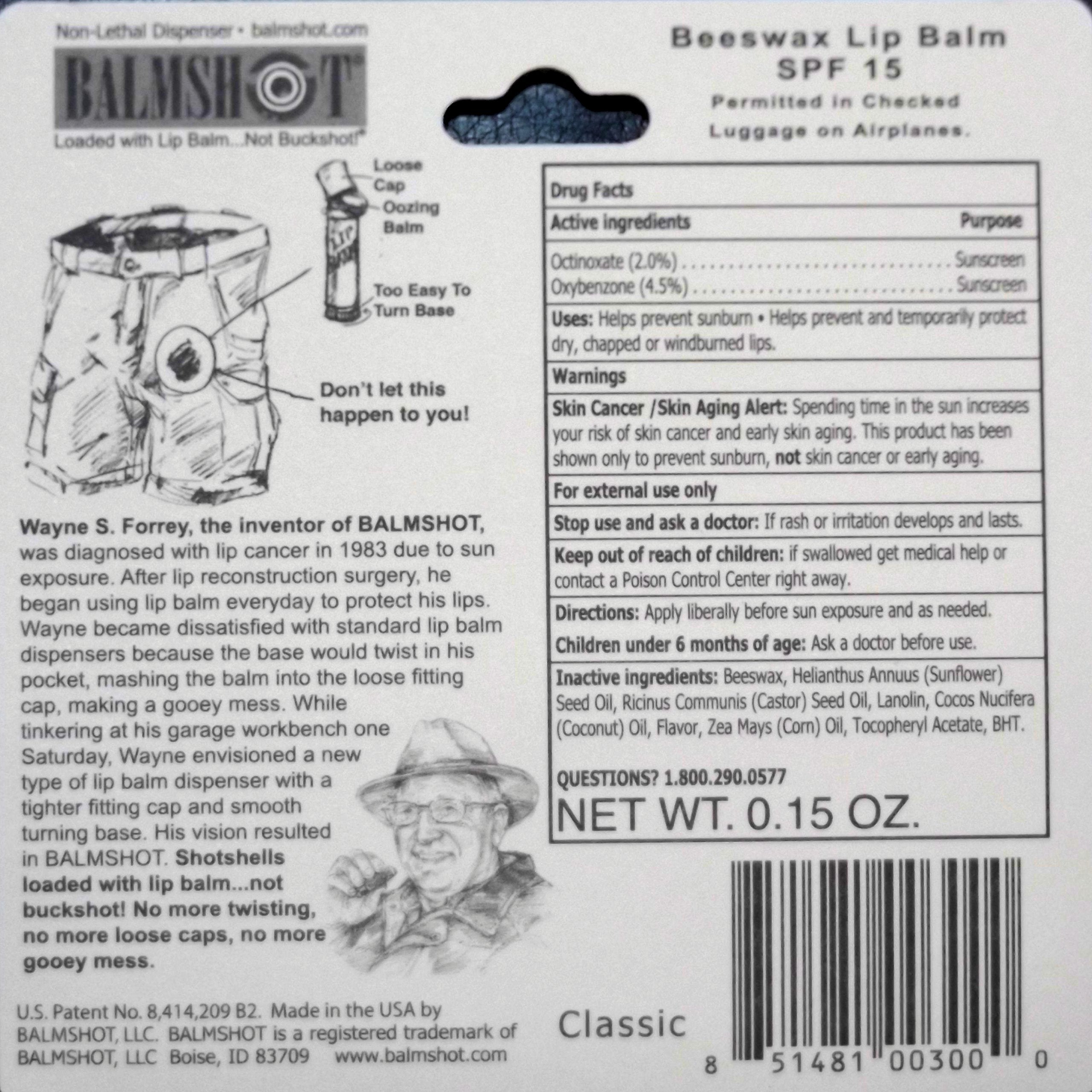 Balmshot SPF 15 label communicates lip protection option for sunny days.