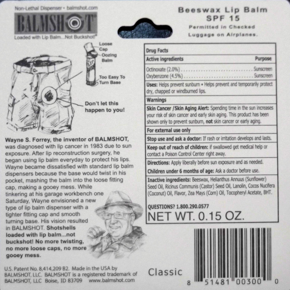 Balmshot SPF 15 label communicates lip protection option for sunny days.