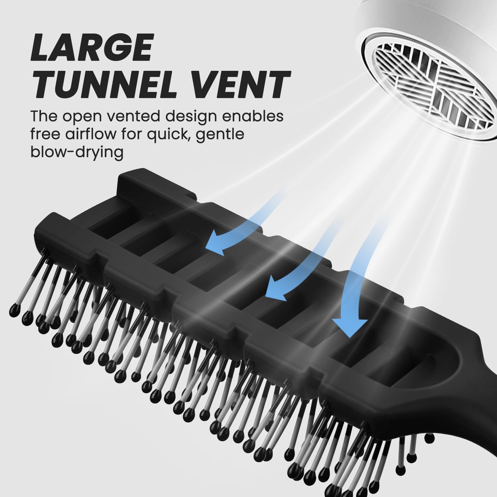 BALON hair brush with large vents boosts airflow for faster blow-drying.