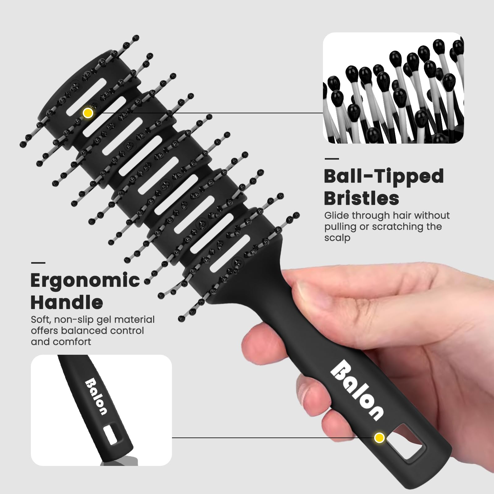 BALON hair brush soft-ball-tipped bristles gently detangle without pulling.