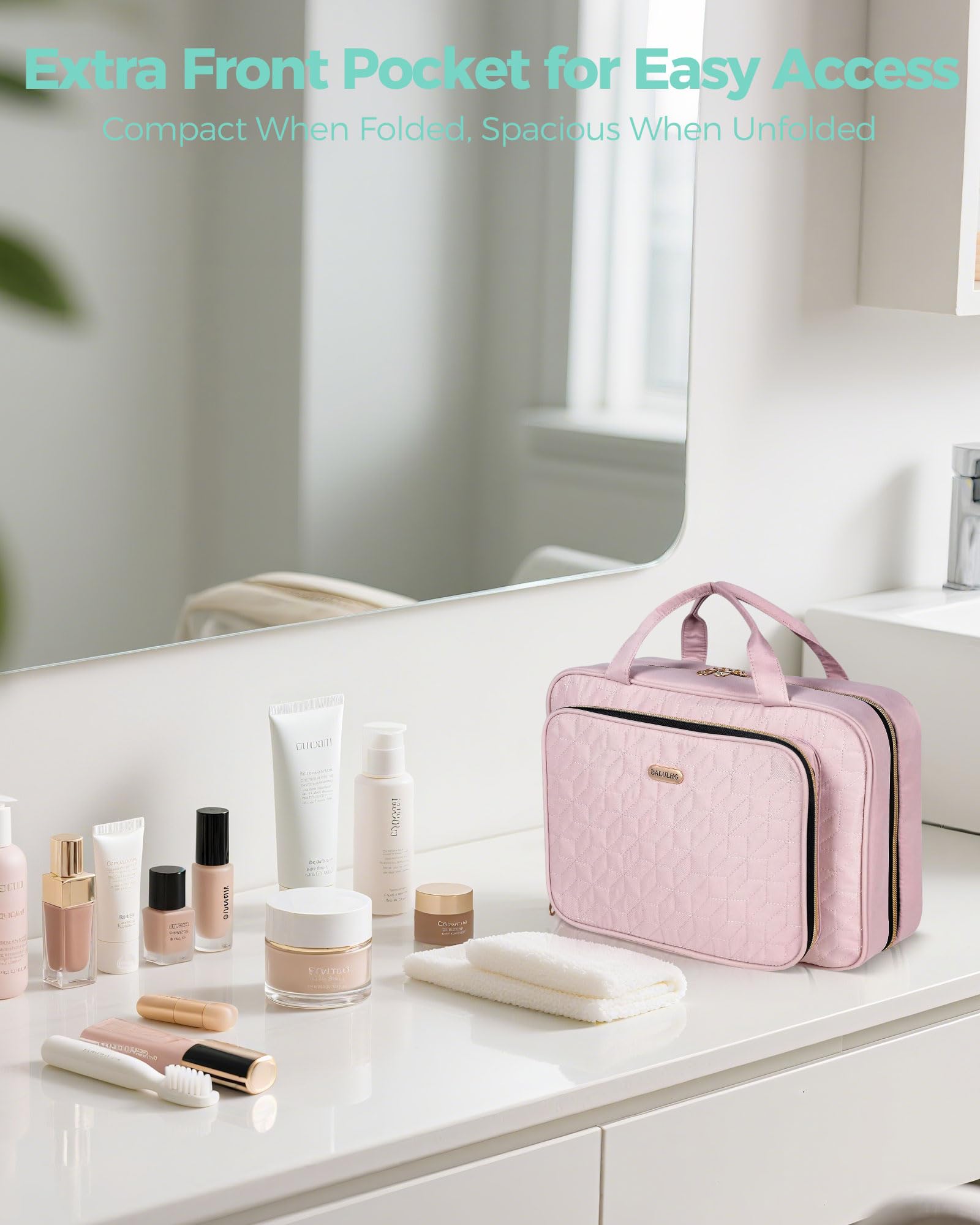 BALULHG travel bag shows elastic bands securing bottles during travel.