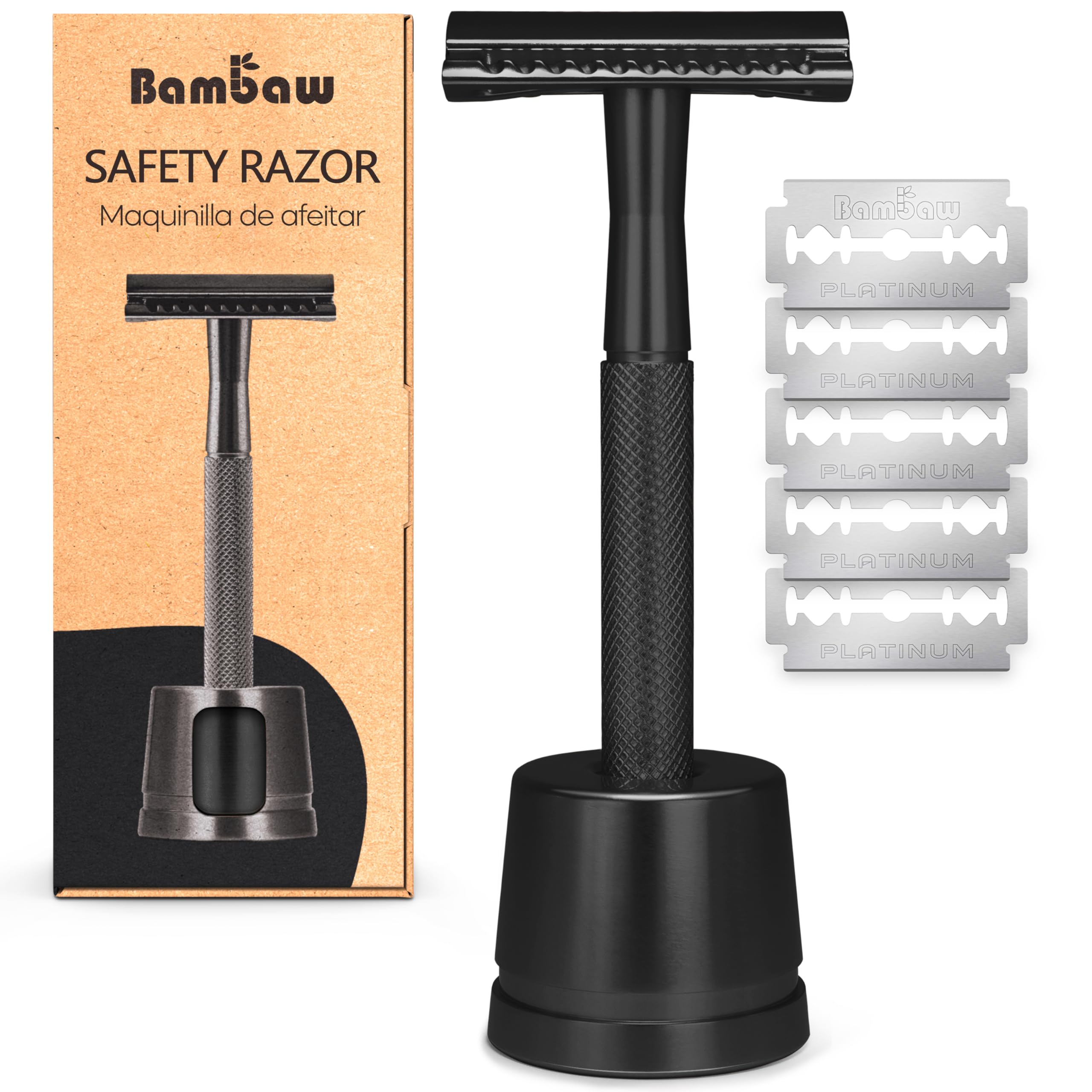 Bambaw double-edge razor with black handle close-up for a precise, comfortable shave.