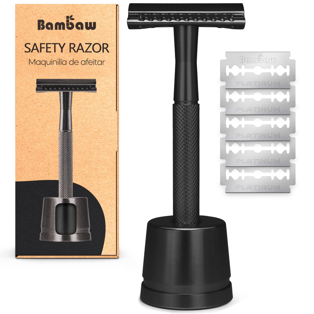 Bambaw double-edge razor with black handle close-up for a precise, comfortable shave.