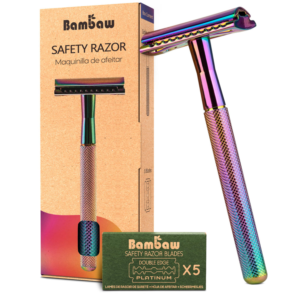 Bambaw double edge safety razor rainbow handle for a smooth, close shave.