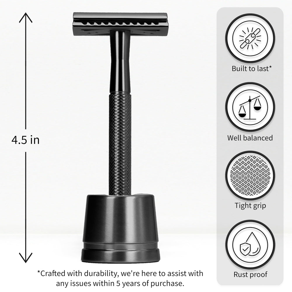 Bambaw razor stand included showcasing sleek design and organized grooming setup.