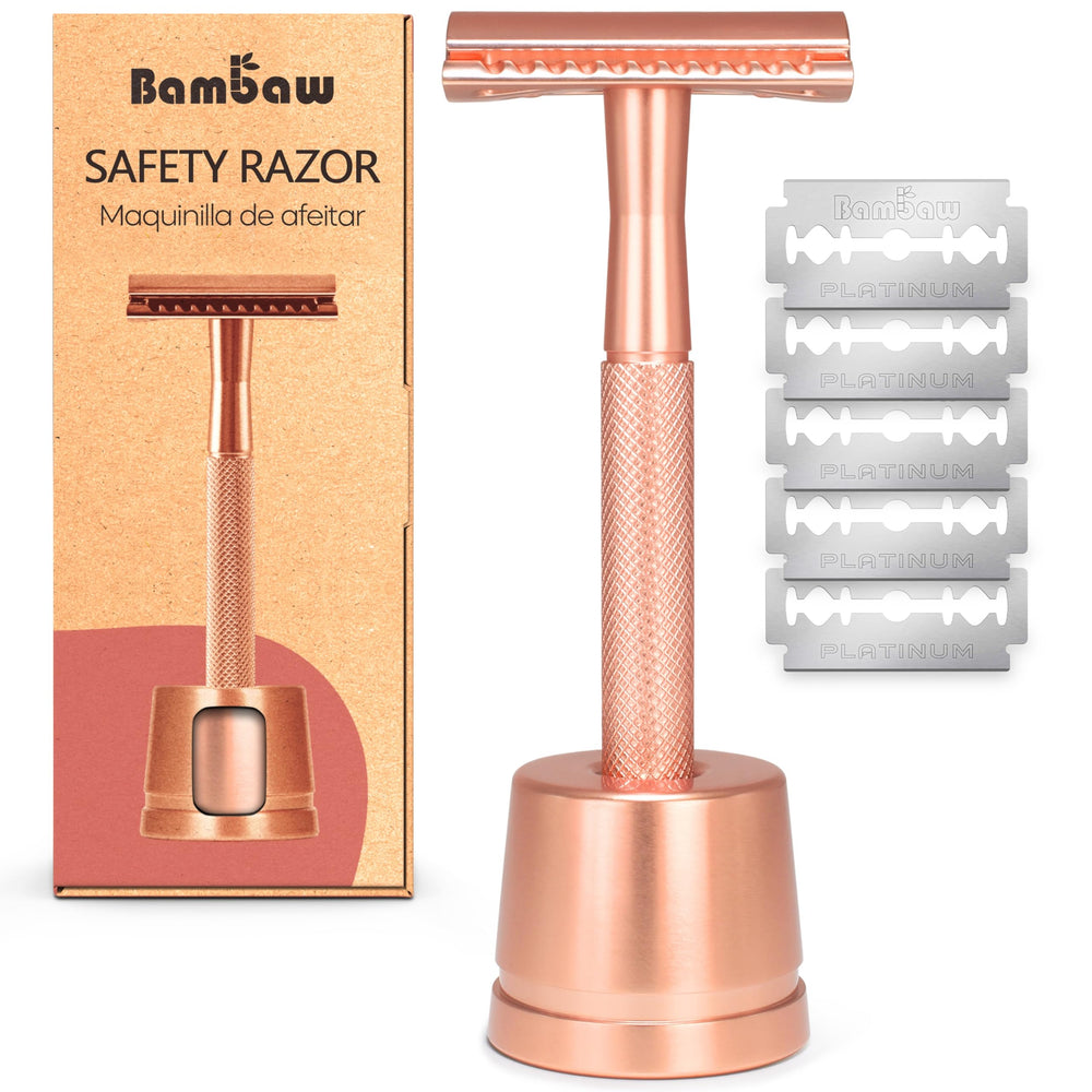 Bambaw rose gold safety razor with stand showcases elegant design for sustainable grooming