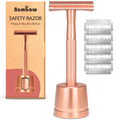 Bambaw rose gold safety razor with stand showcases elegant design for sustainable grooming