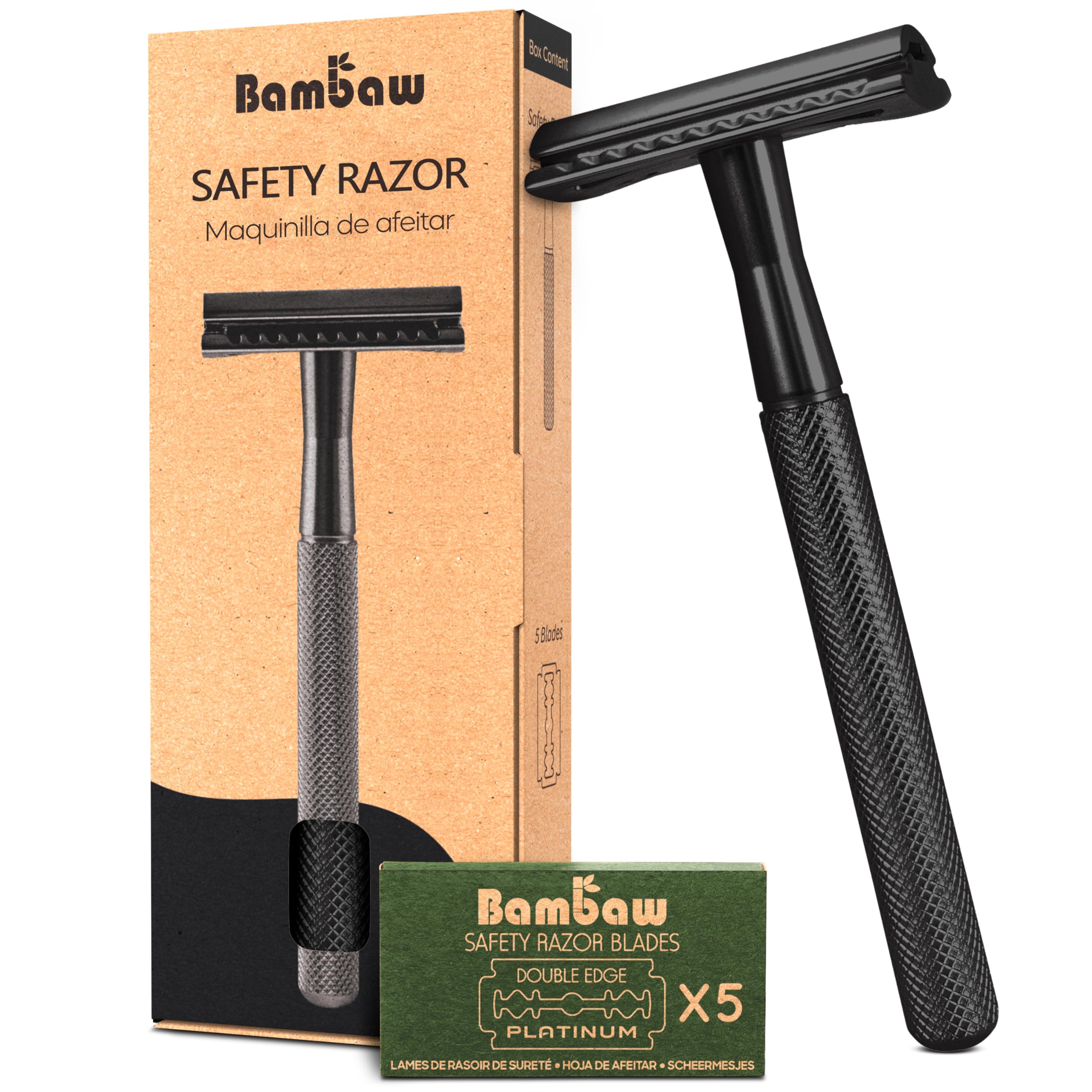 Bambaw safety razor with black handle close-up shows durable metal build for a smooth shave.