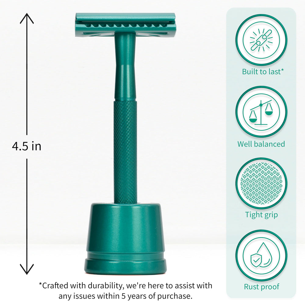 Bambaw safety razor metal stand shows durability and reusable design for eco-friendly grooming.