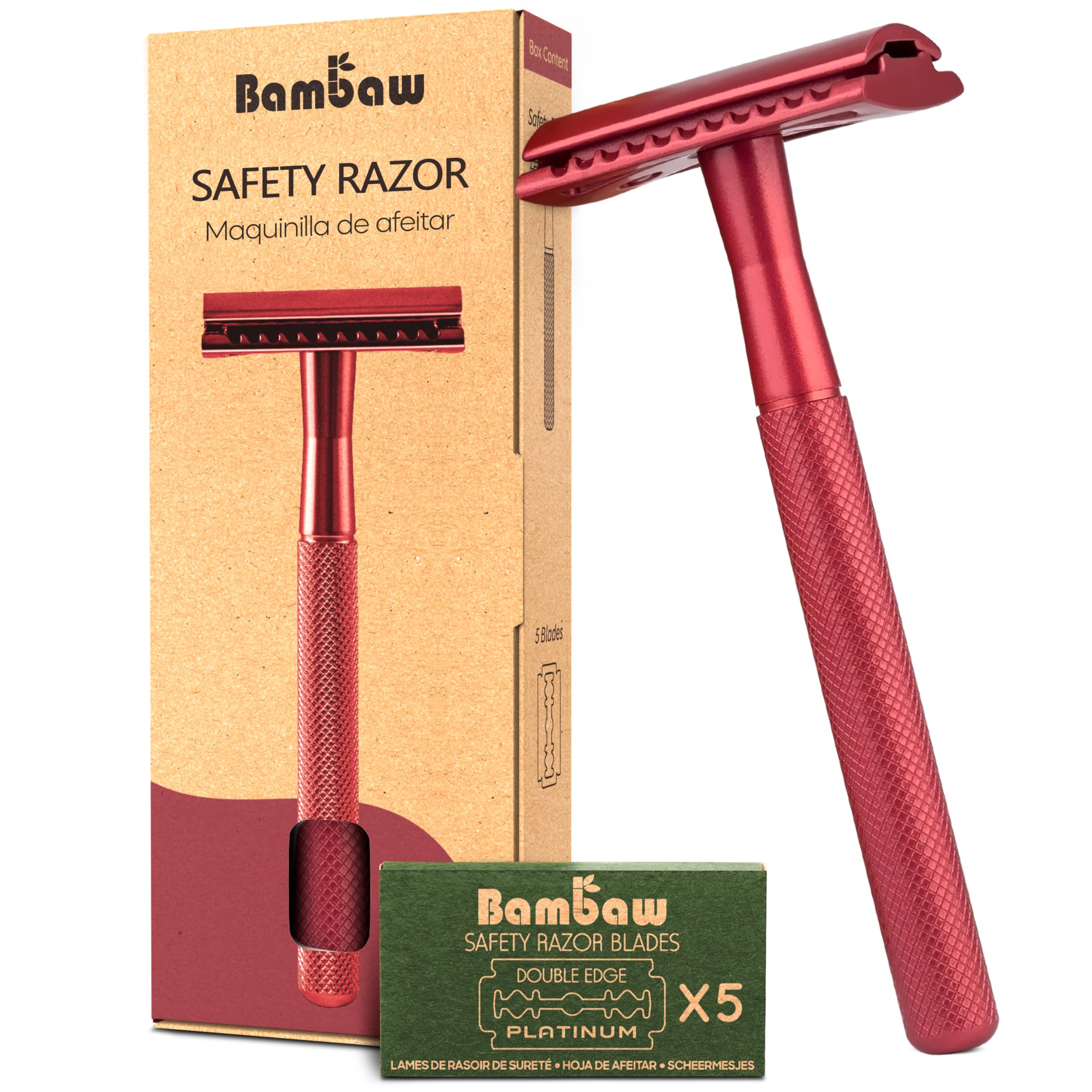 Bambaw safety razor red close-up shows durable metal for eco-friendly shaving.