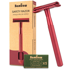 Bambaw safety razor red close-up shows durable metal for eco-friendly shaving.