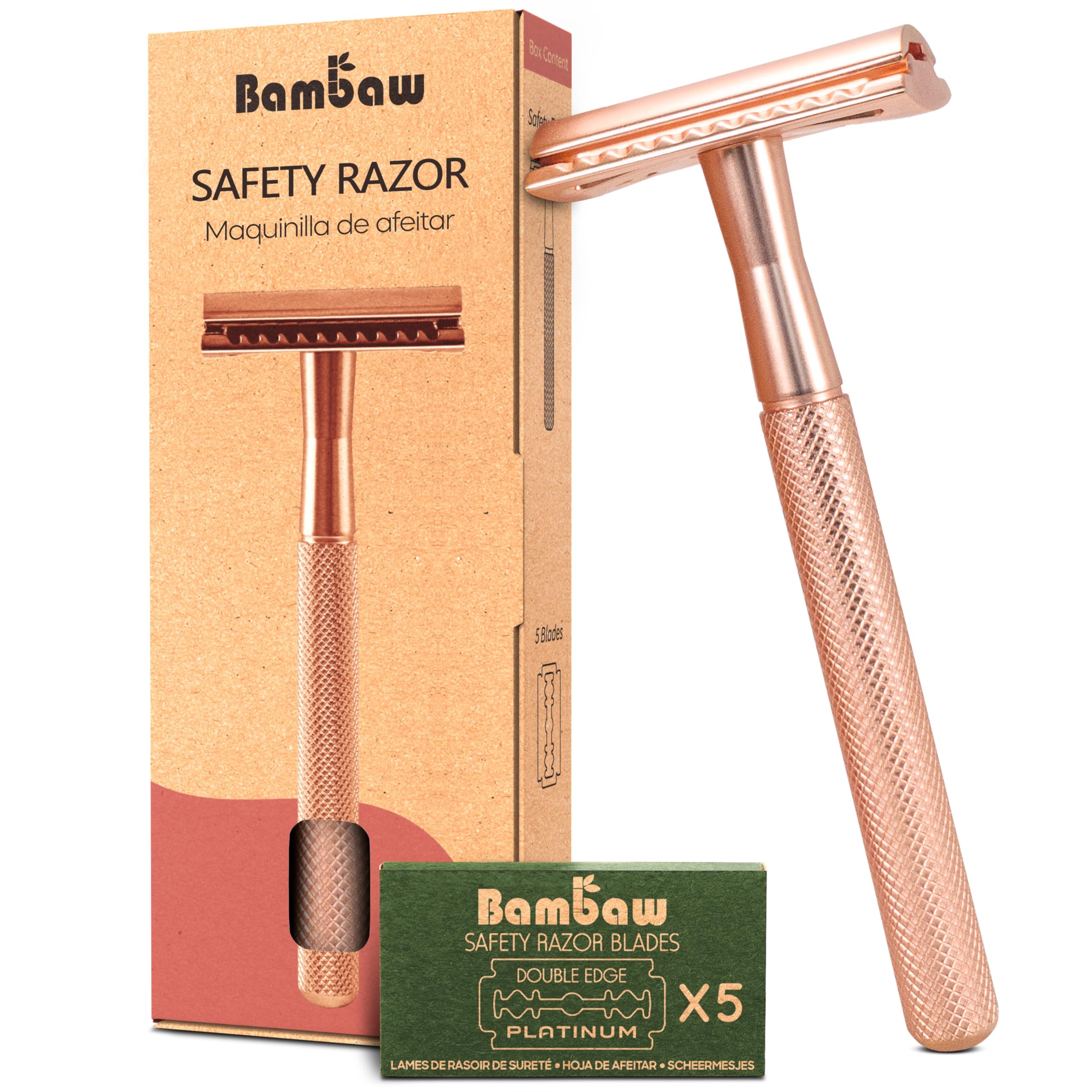 Bambaw safety razor with rose-gold handle delivers a premium, close shave