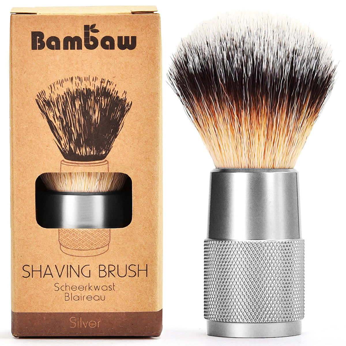 Bambaw shaving brush with silver aluminum handle for a strong, precise lather.