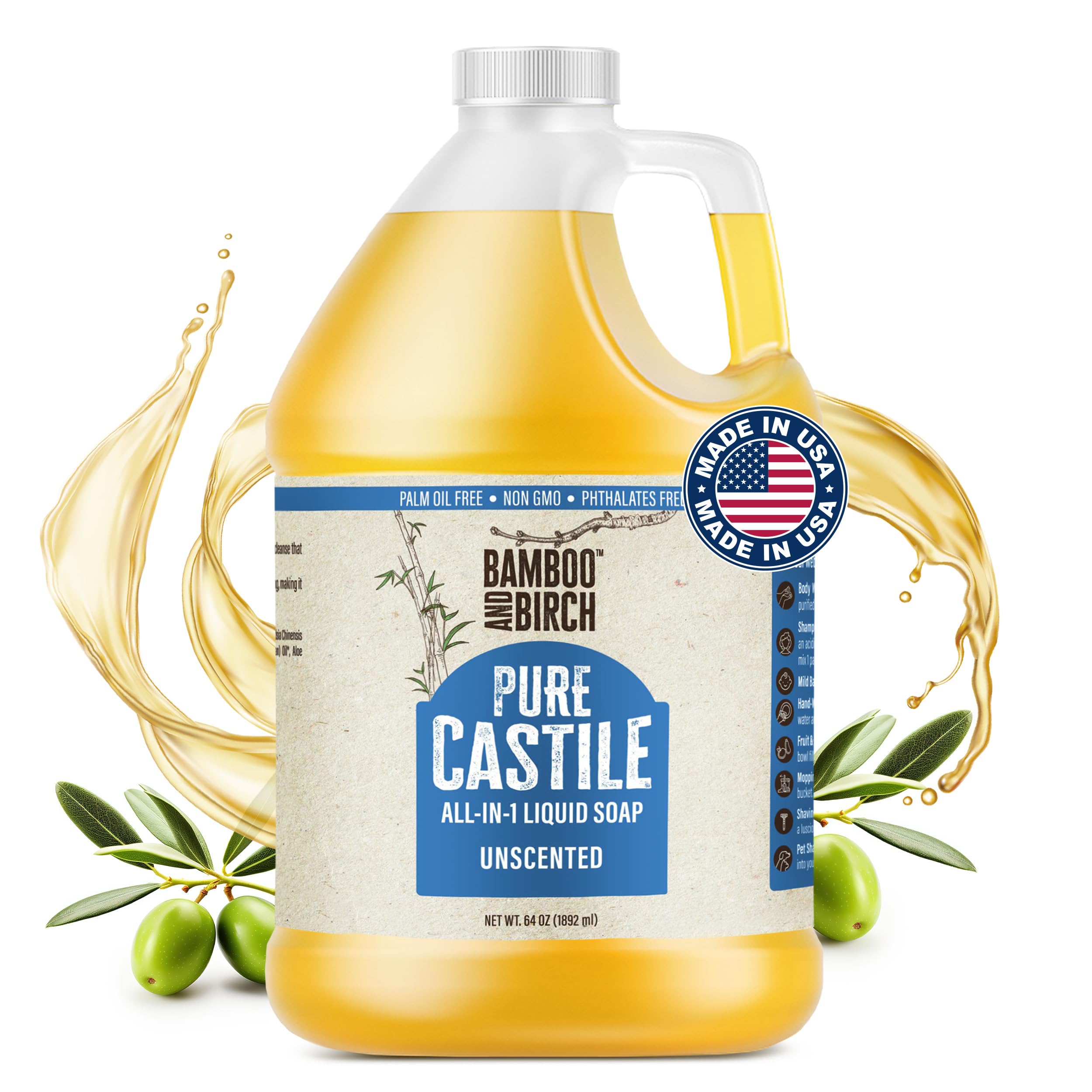 Bamboo and Birch Pure Castile Soap Liquid bottle closeup demonstrating gentle cleansing for sensitive skin.