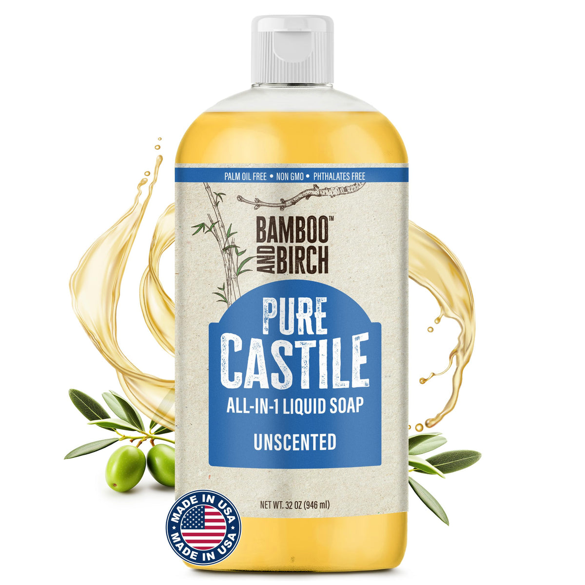 BAMBOO AND BIRCH Pure Castile Soap Liquid bottle for gentle daily cleansing.