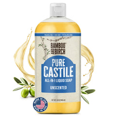 BAMBOO AND BIRCH Pure Castile Soap Liquid bottle for gentle daily cleansing.