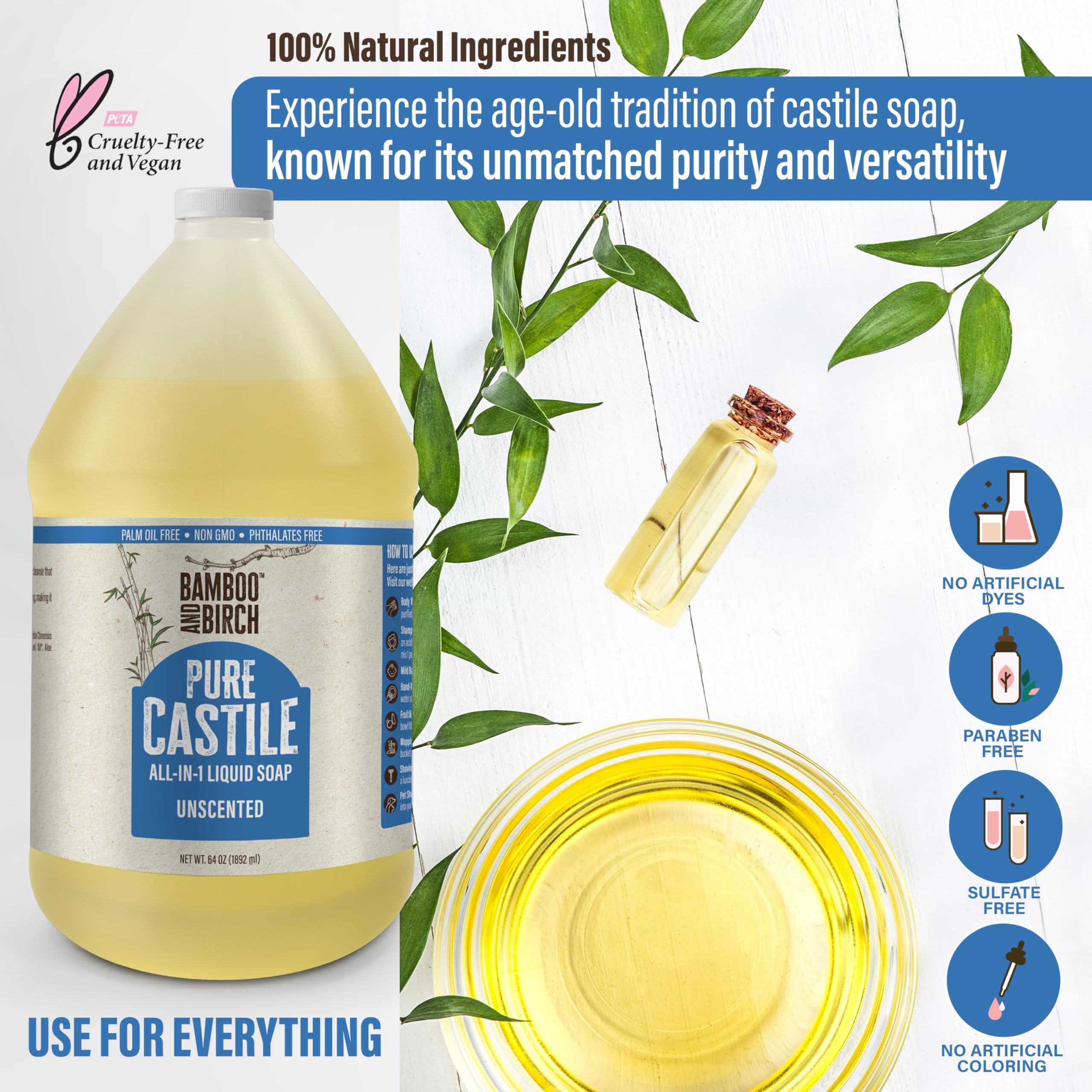 Bamboo and Birch Pure Castile Soap Liquid for dishes implies eco-friendly washing.