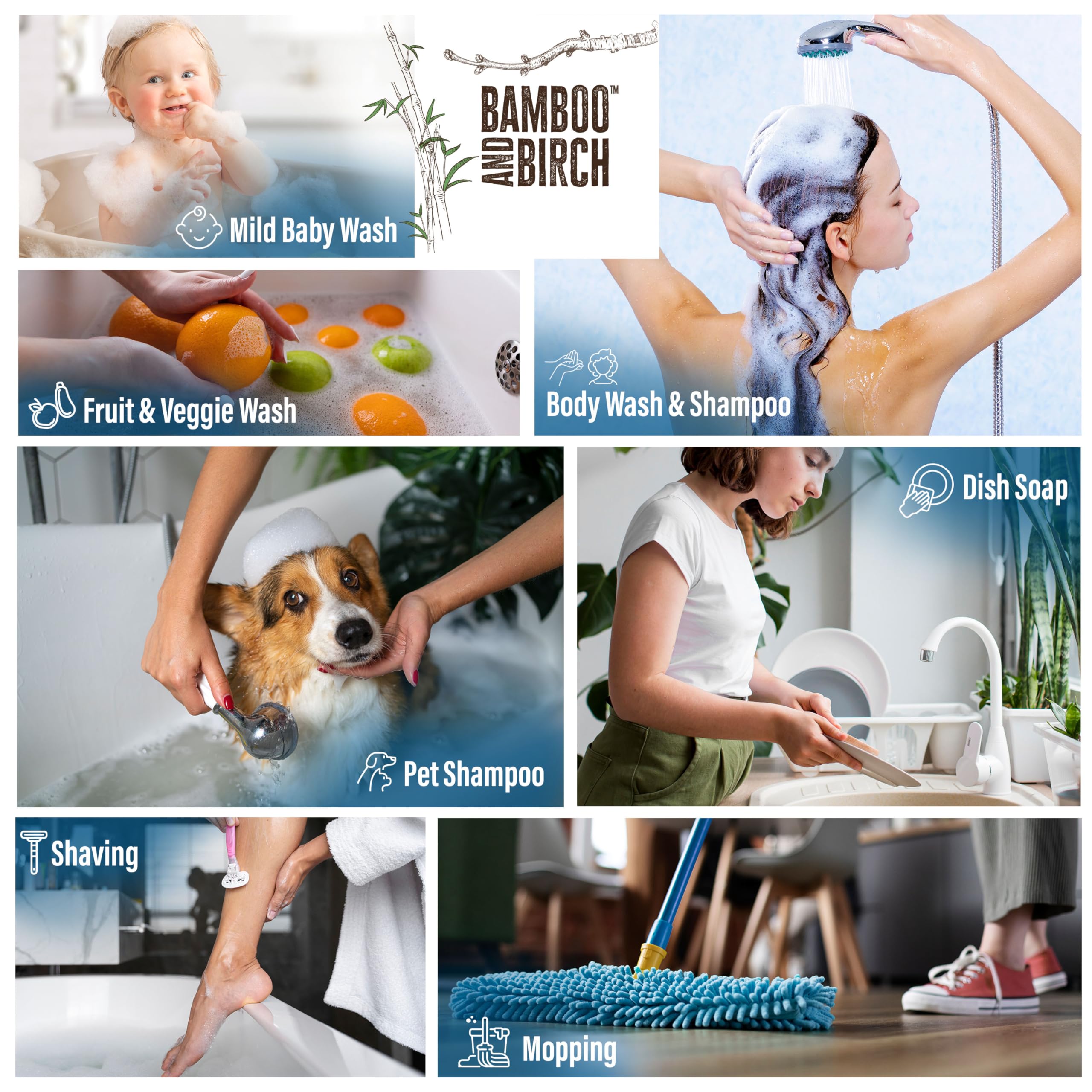 BAMBOO AND BIRCH Pure Castile Soap Liquid ingredients highlight natural palm oil free formulation.