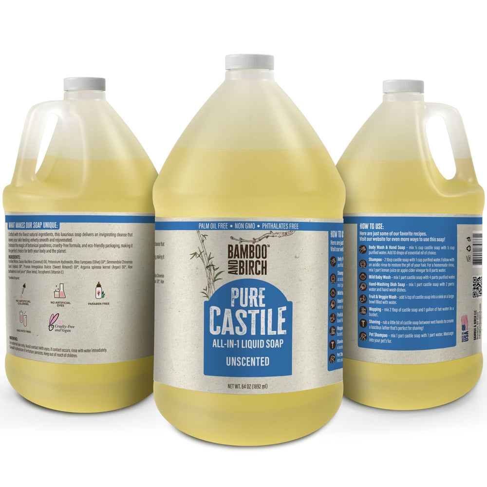 Bamboo and Birch Pure Castile Soap Liquid lathering hands shows plant-based cleansing.