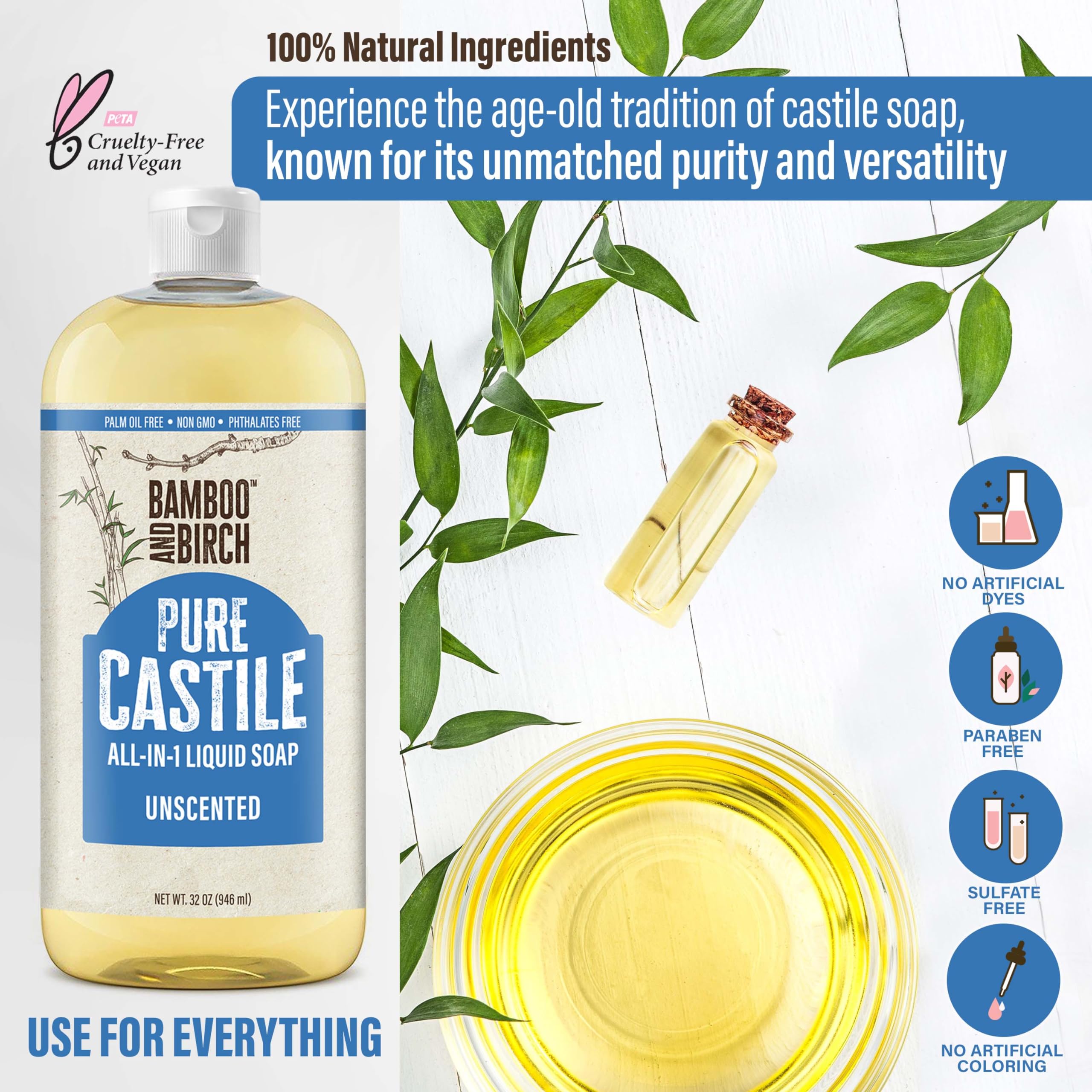 BAMBOO AND BIRCH Pure Castile Soap Liquid multi use concept for body, dishes, laundry.