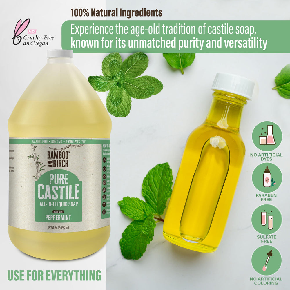 BAMBOO AND BIRCH Peppermint Castile bottle in use for dish and body care