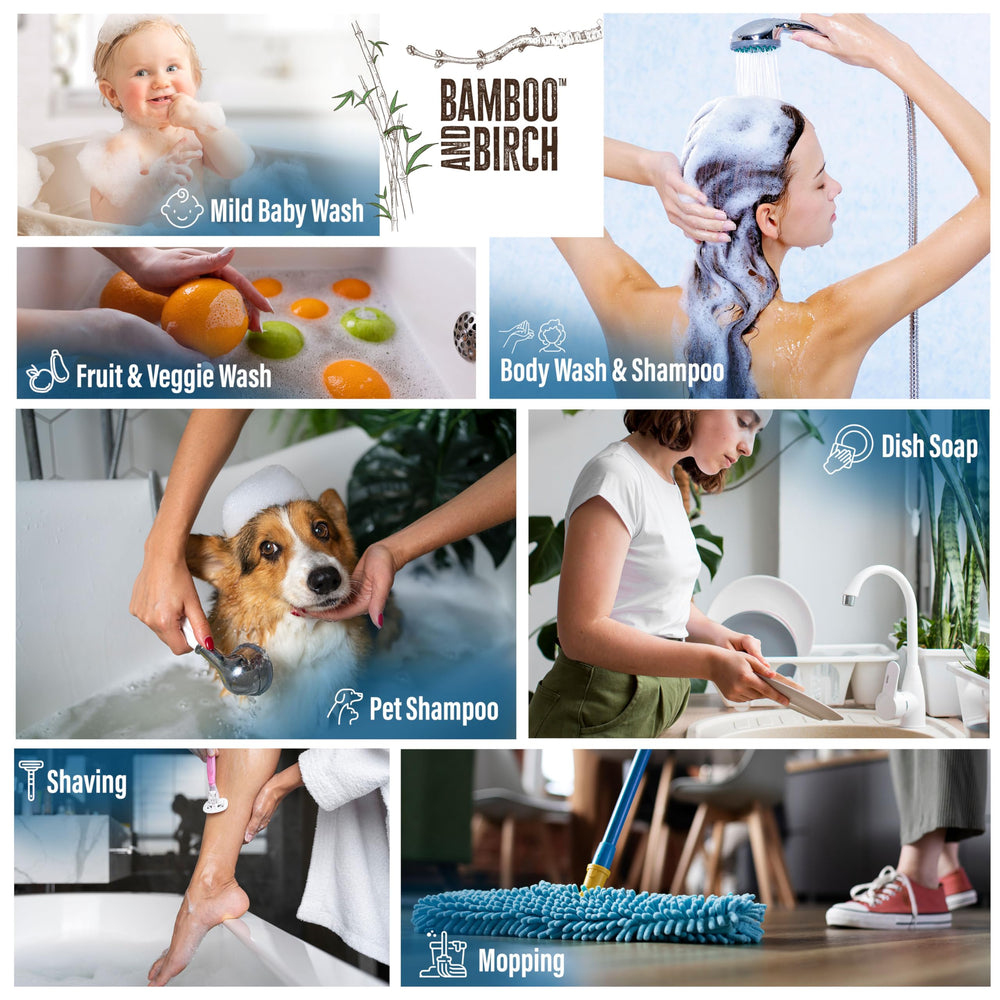 Bamboo and Birch Pure Castile Soap Liquid pour image suggests versatile, all-purpose cleaning.