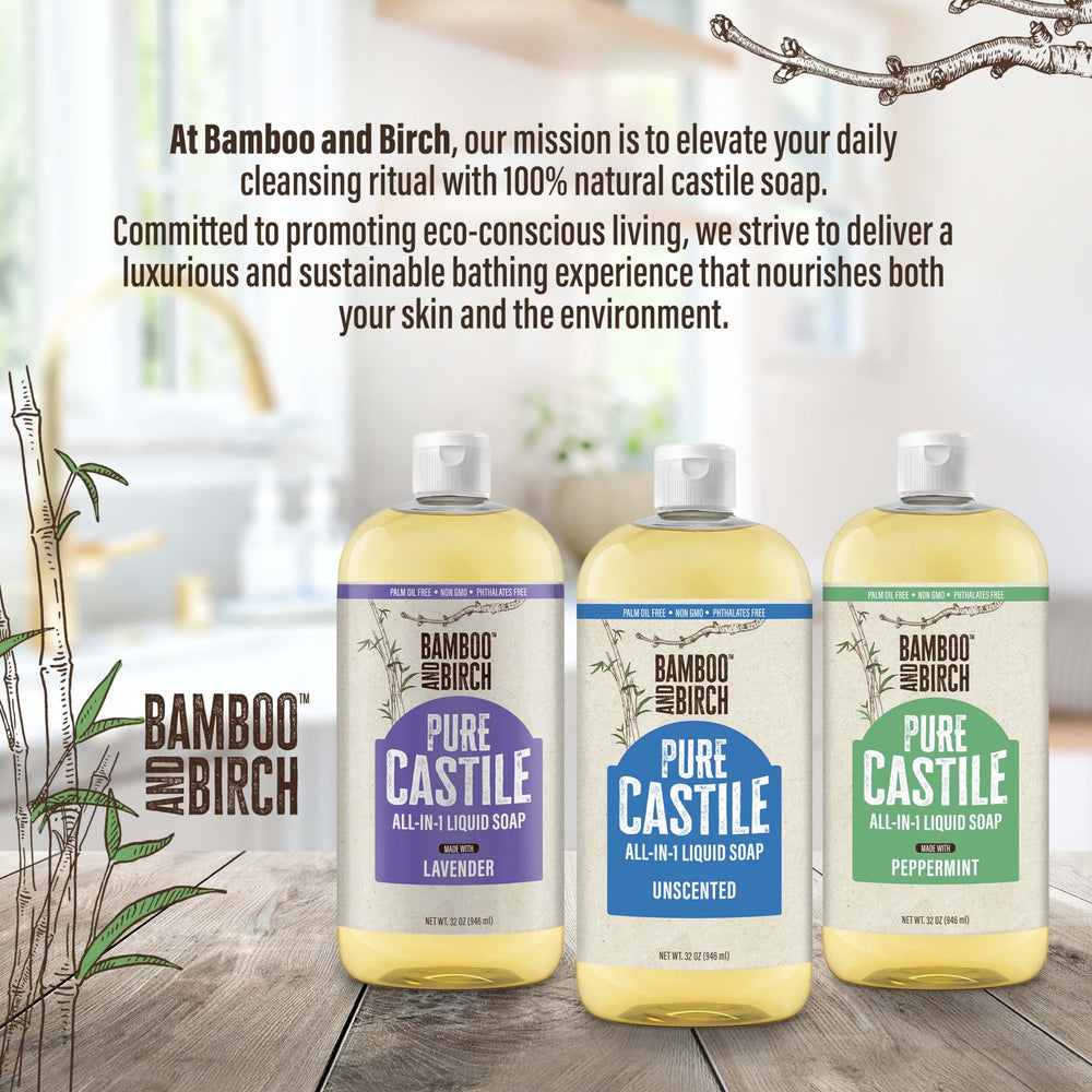 BAMBOO AND BIRCH Pure Castile Soap Liquid recyclable bottle supports eco friendly packaging.
