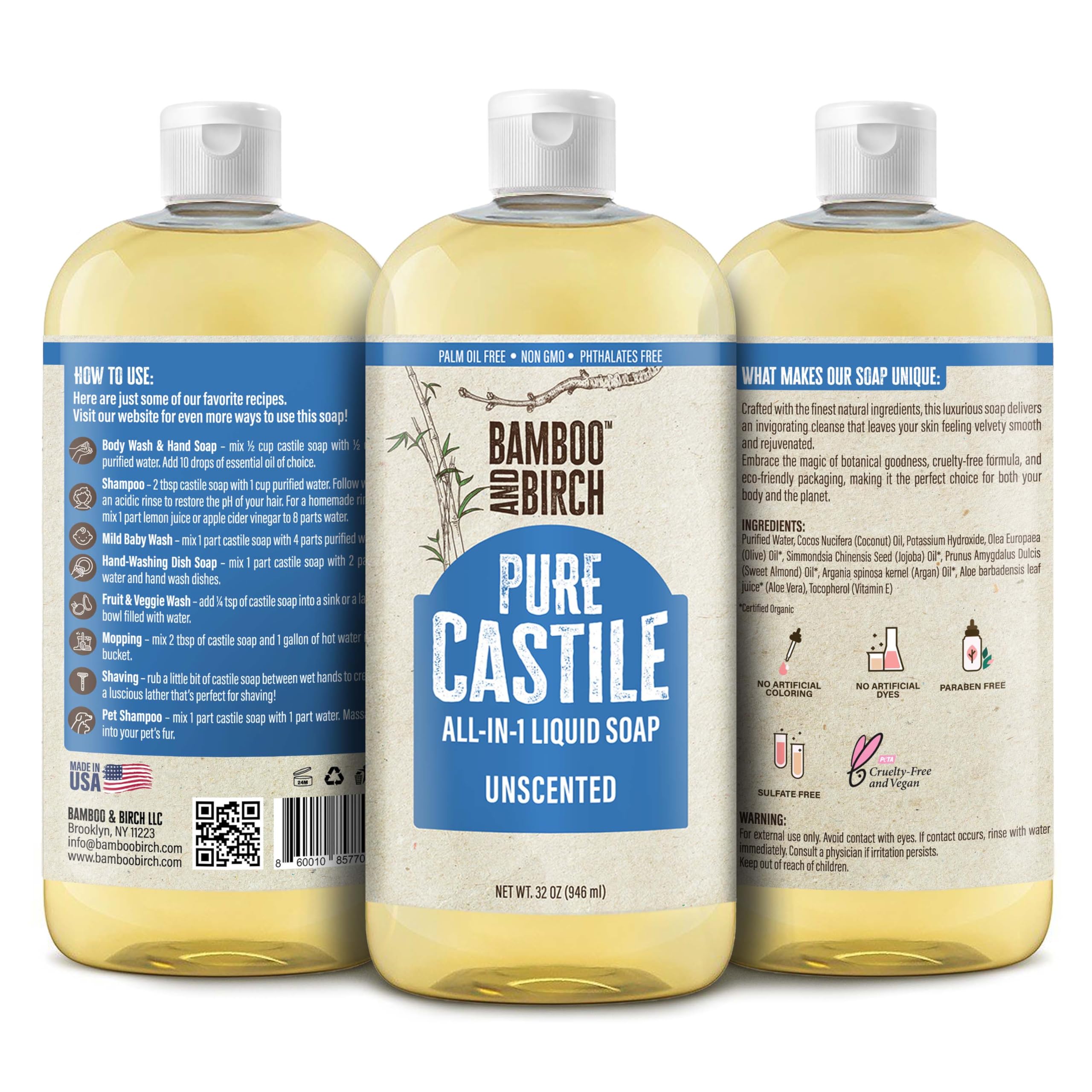 BAMBOO AND BIRCH Pure Castile Soap Liquid unscented label for versatile fragrance free use.
