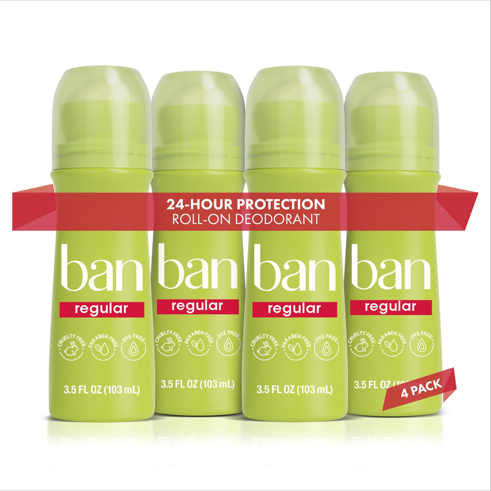Ban Invisible Roll-On bottle with clear, residue-free application for all-day protection