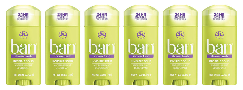 Ban Invisible Solid Shower Fresh bottle shows clear 24-hour odor protection