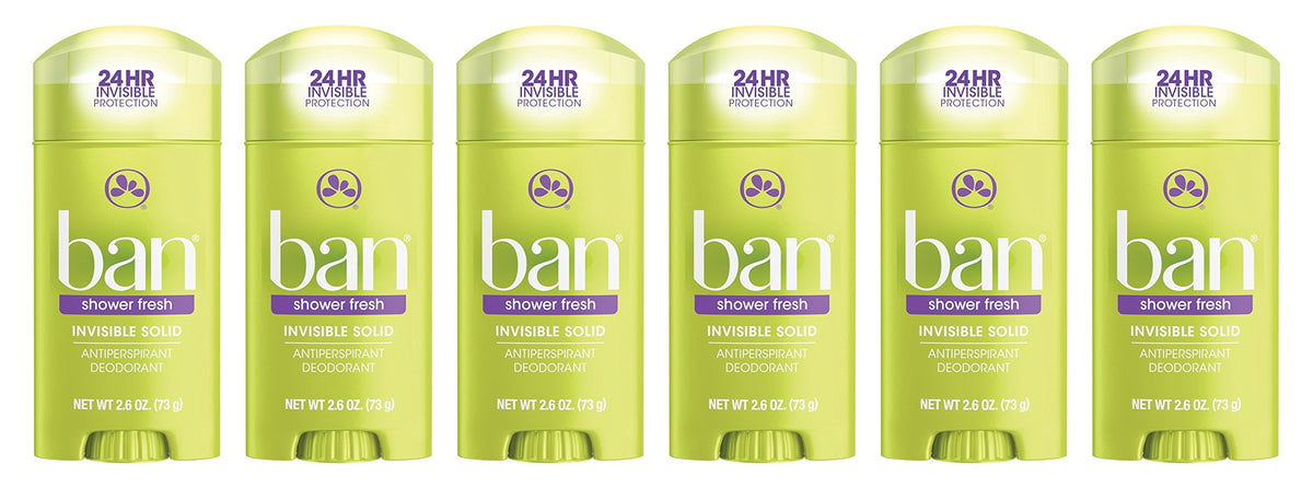 Ban Invisible Solid Shower Fresh bottle shows clear 24-hour odor protection