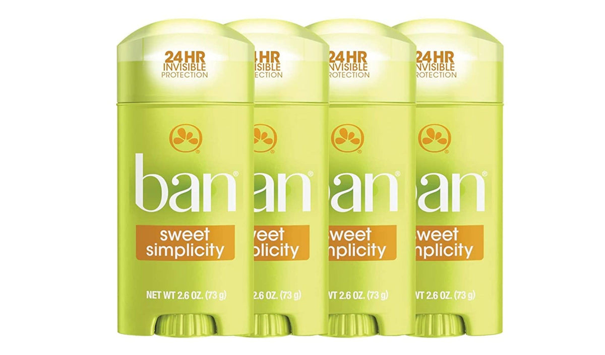 Ban Sweet Simplicity solid deodorant stick for all-day dryness and clear skin.