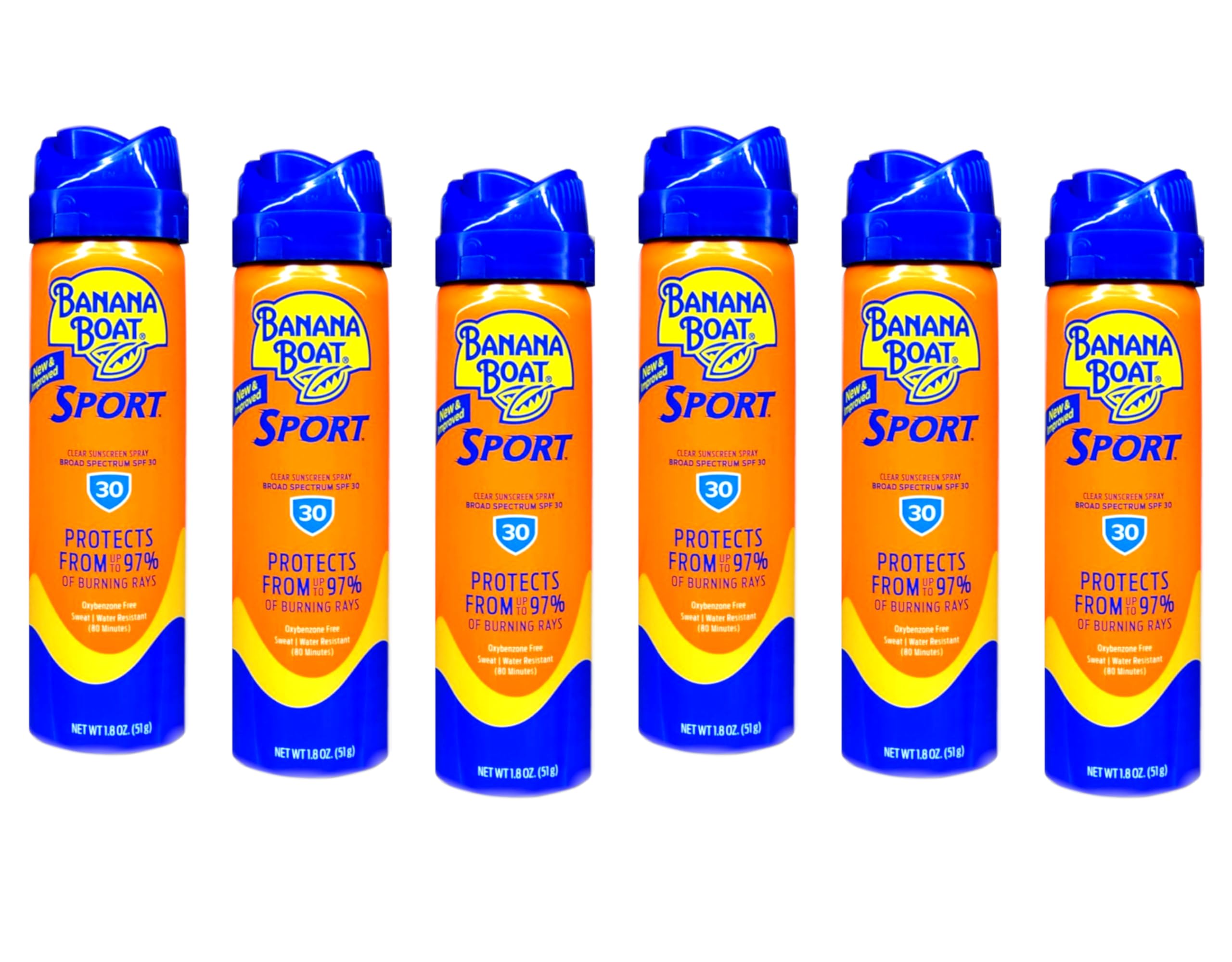 Banana Boat continuous SPF30 six-pack collection on shelf suggests reliable family sun protection.