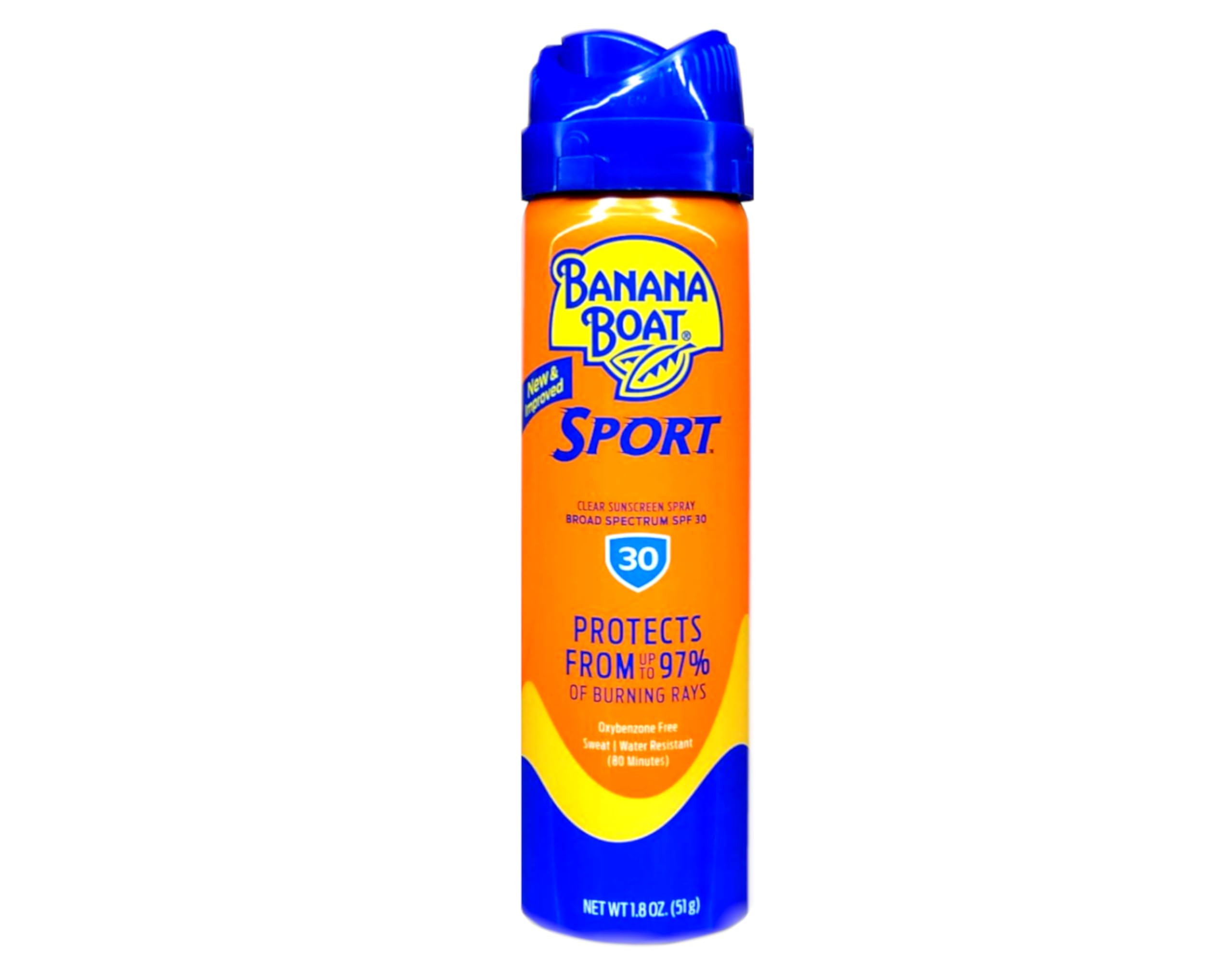 Banana Boat Continuous SPF30 Sport bottle closeup emphasizing rub-free, quick-absorption protection.