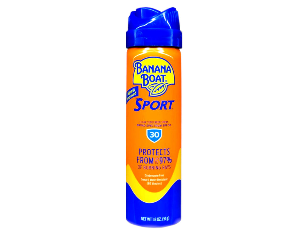 Banana Boat Continuous SPF30 Sport bottle closeup emphasizing rub-free, quick-absorption protection.