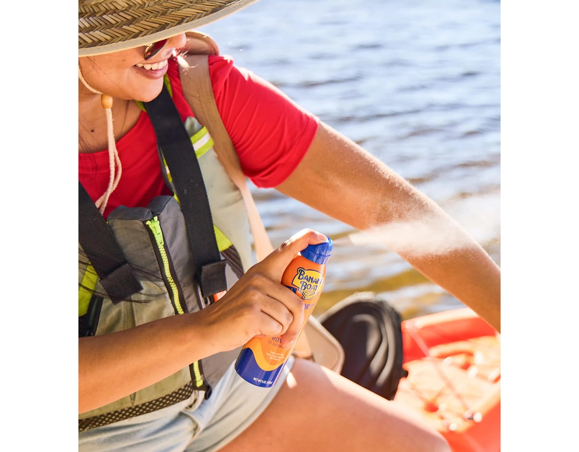 Banana Boat refreshing scent bottle suggests pleasant fragrance during application.