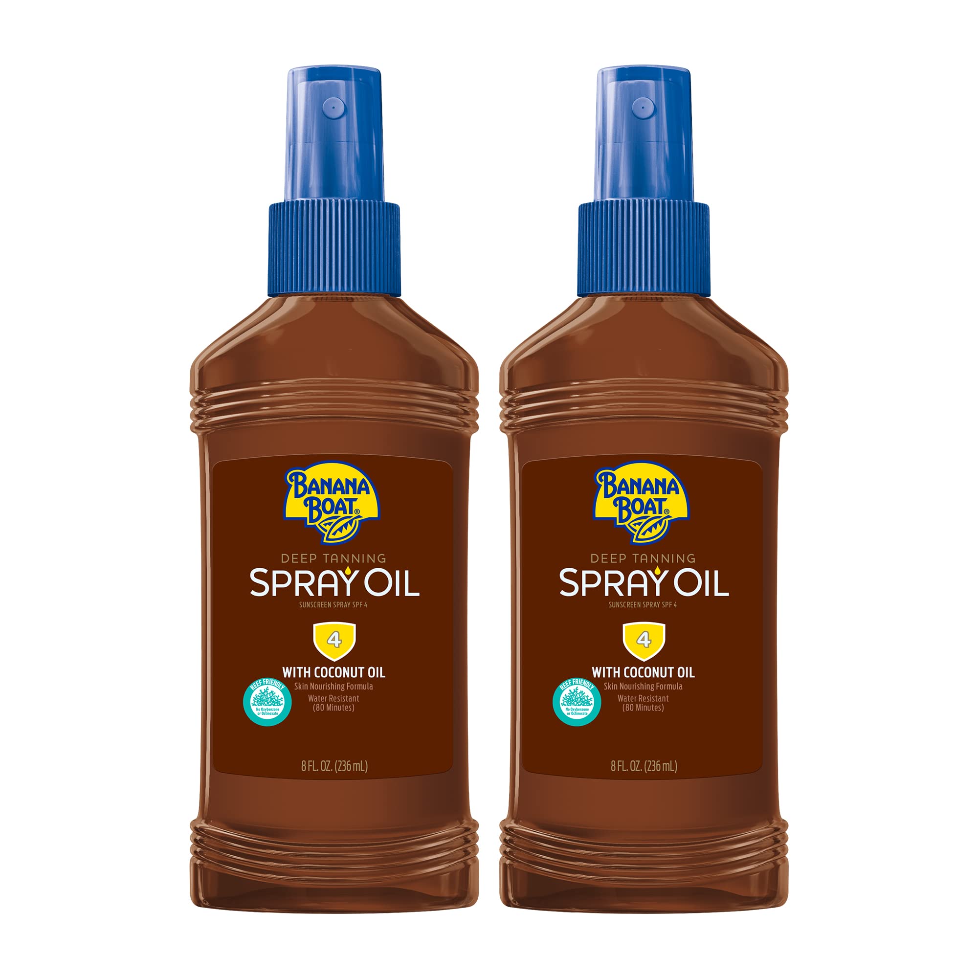 Banana Boat Deep Tanning Oil spray bottle, convenient SPF 4 sun protection during outdoor tanning.