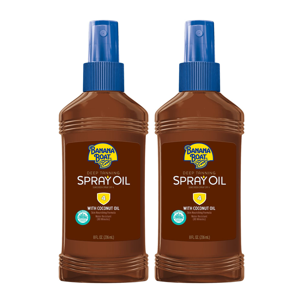 Banana Boat Deep Tanning Oil spray bottle, convenient SPF 4 sun protection during outdoor tanning.