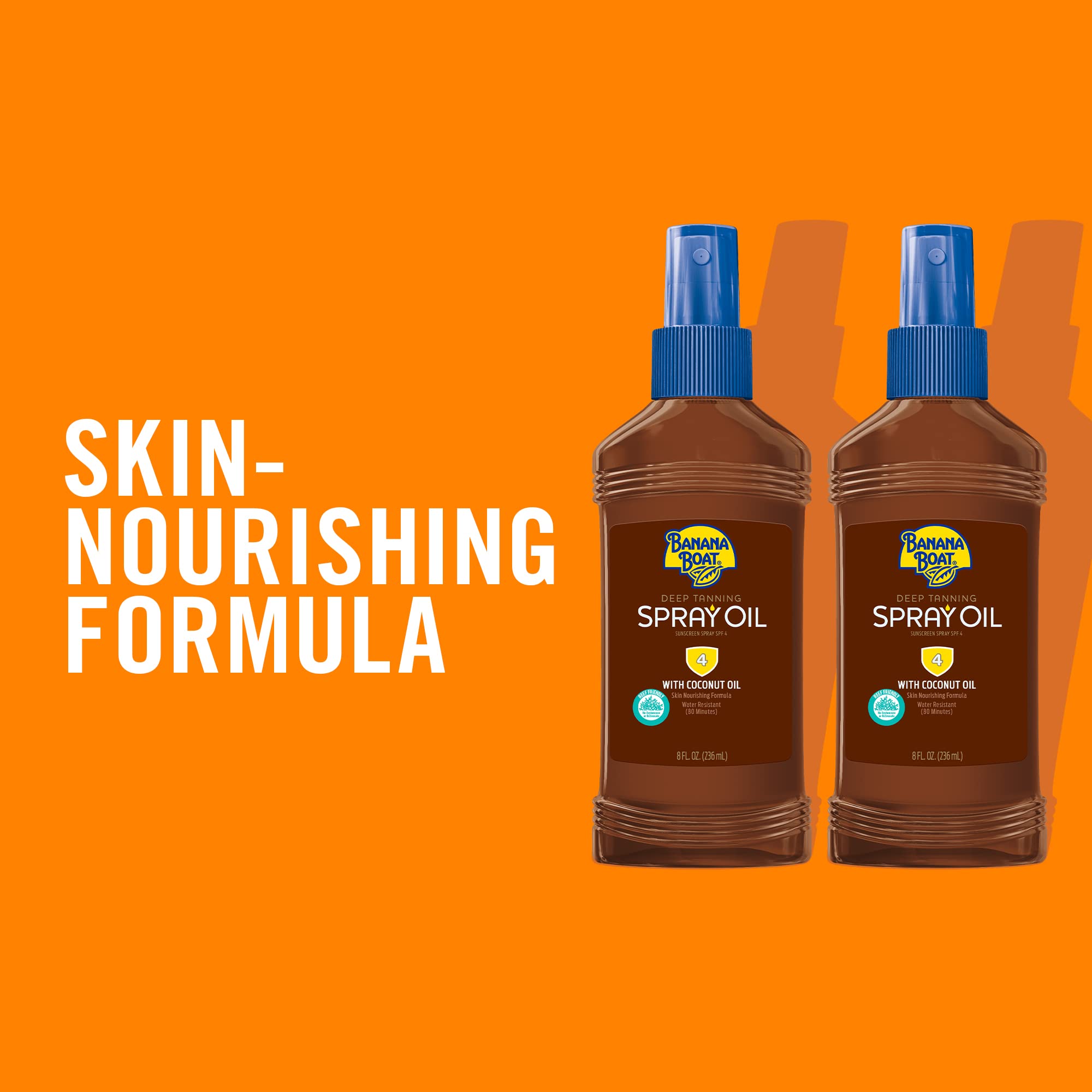 Banana Boat Deep Tanning Oil label highlights cocoa butter and carrot extracts for nourished skin.