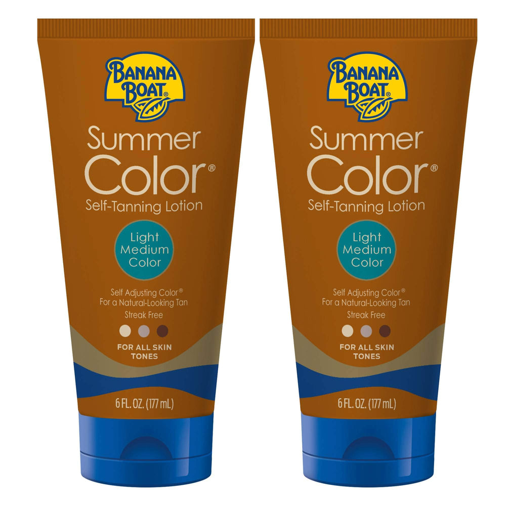 Banana Boat Summer Color Self Tanning Lotion bottle shows even color application for natural tan